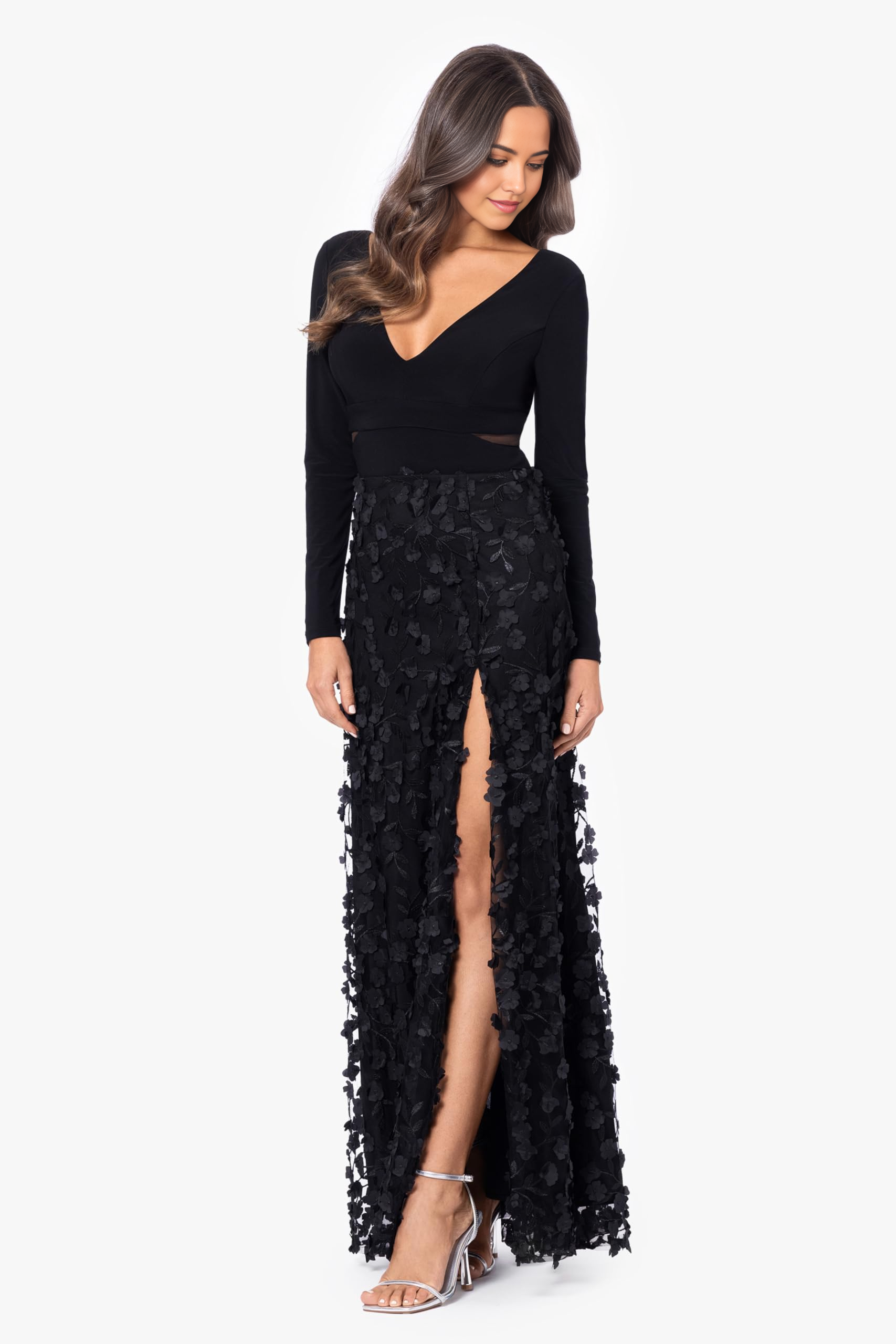 Vestido formal de manga larga con escote en V y estampado floral, estilo A, para dama de honor, de noche y fiesta.